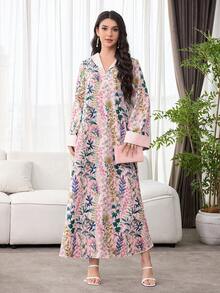 SHEIN Najma Đầm nữ thanh lịch, sang trọng và duyên dáng với họa tiết hoa và Ả Rập, dáng rộng. - Hồng - Xem 5