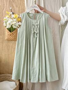 Vintaside Kids 女童无袖圆领简约休闲时尚西式连衣裙，适合旅行、度假或参加朋友聚会和派对。 - 綠色 - 查看 1