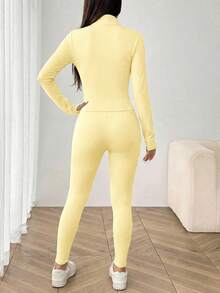 SHEIN EZwear 3pcs/Set Women Mustard Yellow Knit Long Sleeve Zip-Up Top, Camisole And Leggings Sports Outfit - Pale Yellow - View 2