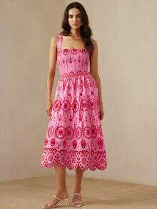 Aveloria Rosie 2026新款高端优雅复古法式镂空刺绣腰部拼接无袖露背长裙，浪漫乡村风情，柔软面料，层叠裙摆，适合春夏度假、野餐、户外婚礼、海滩度假村、花园派对等场合，展现甜美、活泼、精致优雅的气质，兼具舒适性和视觉装饰性。女士夏季连衣裙、女士吊带裙、女士夏季套装、女士春季连衣裙、女士野餐裙 - 粉色 - 查看 3