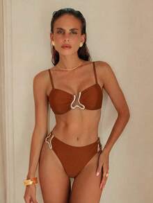 Swim Chiccia Bộ bikini quây ngực gợi cảm bằng vải ánh kim dành cho nữ, thích hợp cho kỳ nghỉ biển. - Rỉ Nâu - Xem 3