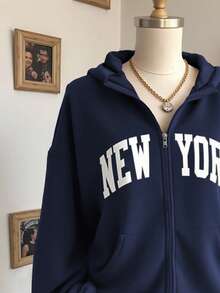 Lalippa Women's Letter Print Drop Shoulder Long Sleeve Zip Front Casual Sweatshirt, Autumn/Winter - Navy Blue - View 3