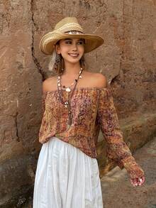 DAZY 印花露肩长袖喇叭袖休闲度假夏季女式衬衫 - 棕色 - 查看 6