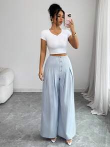 SHEIN Elenzya Women's Elegant Casual Minimalist Commuting Office Daily Vacation High Waist Wide Leg Straight Blue And White Striped Loose Cotton Striped Button Front Pleated Wide Leg Pants, Versatile Summer Trousers - Blue - View 5
