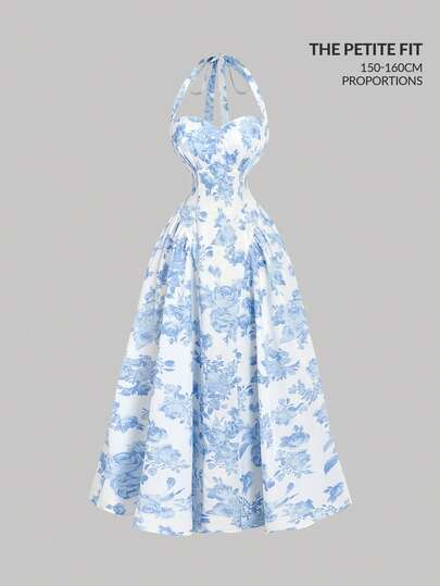 SHEIN MOD Petite Women's Romantic Floral Print Halter Mid-Length Dress,Boho Style, Western Style, Suitable For Holiday, Picnic, Beach,Summer Outfits For Women,Vacation Outfits Woman,Easter,Wedding Guest Dress Women,Boho Style,Concert Outfit Women,Cruise Attire Women,Country Outfits Women