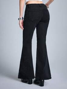 ROMWE Goth 哥特式镂空紧身喇叭牛仔裤 - 黑色 - 查看 3