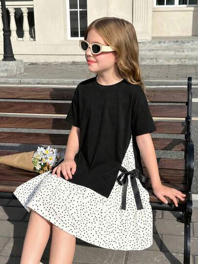 SHEIN Tween Girls' Spring/Summer Casual Knit Polka Dot Bow Decor Loose A-Line Short Sleeve Dress, Black Dress, Suitable For Daily Outing, Back To School
