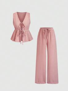 Sweetra European And American Summer New Striped Tie Minimalist Versatile Vest And Straight Leg Pants Women 2 Pieces Set - Red - View 2