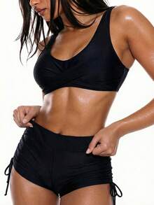 SHEIN Swim Basics Women's Summer Beach Solid Color Criss-Cross Sexy Bikini Swimsuit Set - Black - View 5
