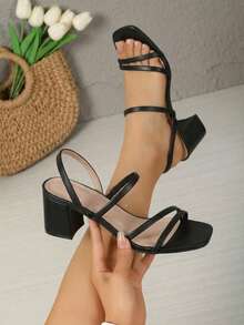 Wide Heel Sandals With Thin Straps And Square Toe - Black - View 1