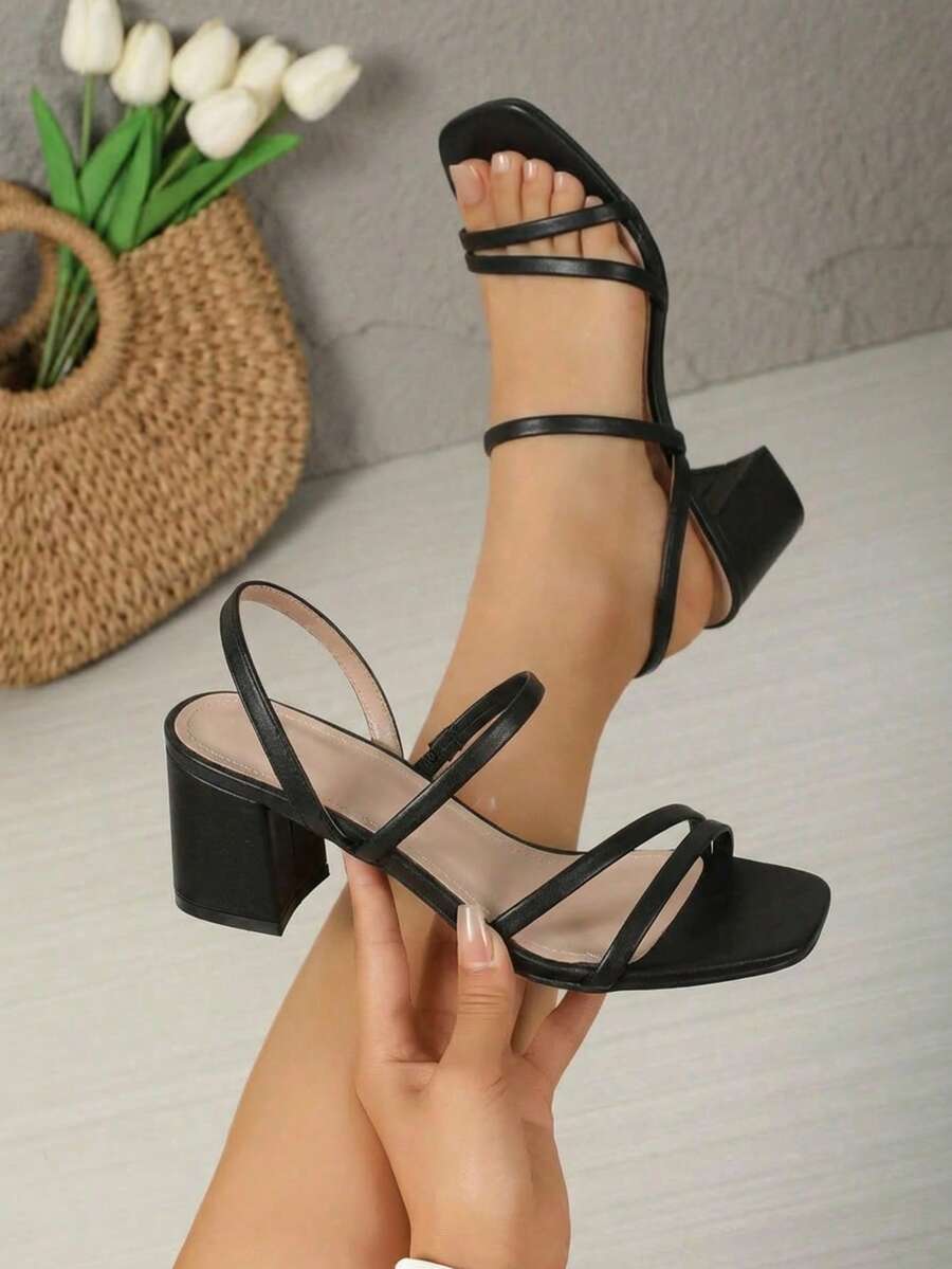 Wide Heel Sandals With Thin Straps And Square Toe - Black - View 1