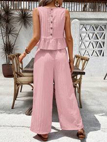 Breezaya Bộ đồ nữ màu trơn gồm áo cổ tròn xếp ly và quần ống rộng, kiểu dáng thường ngày. - Màu Hồng baby - Xem 2