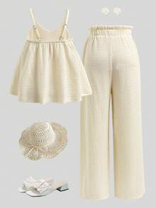 Bộ đồ đi nghỉ mát cơ bản thường ngày cho bé gái tuổi teen, áo hai dây màu trắng rộng rãi viền ren và quần ống rộng màu trắng. - màu xanh lá - Xem 8