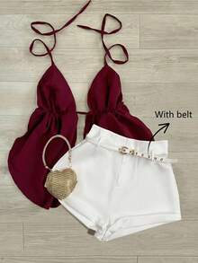 Airaco Conjunto de 2 piezas de top halter burdeos y shorts blancos para mujer - Rojo - Ver 3