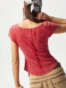 Bohemela Áo thun nữ tay ngắn cổ tròn màu trơn, dáng ôm, chất liệu vải mài, thích hợp mặc thường ngày. - Đỏ - Xem 4