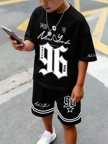 青少年男孩夏季休闲字母数字印花T恤和短裤套装 - 彩色 - 查看 3