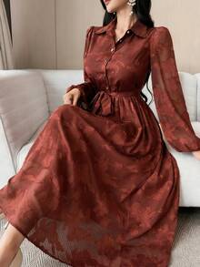 DAZY 女士优雅印花系带中长连衣裙，秋冬款 - 棕色 - 查看 1