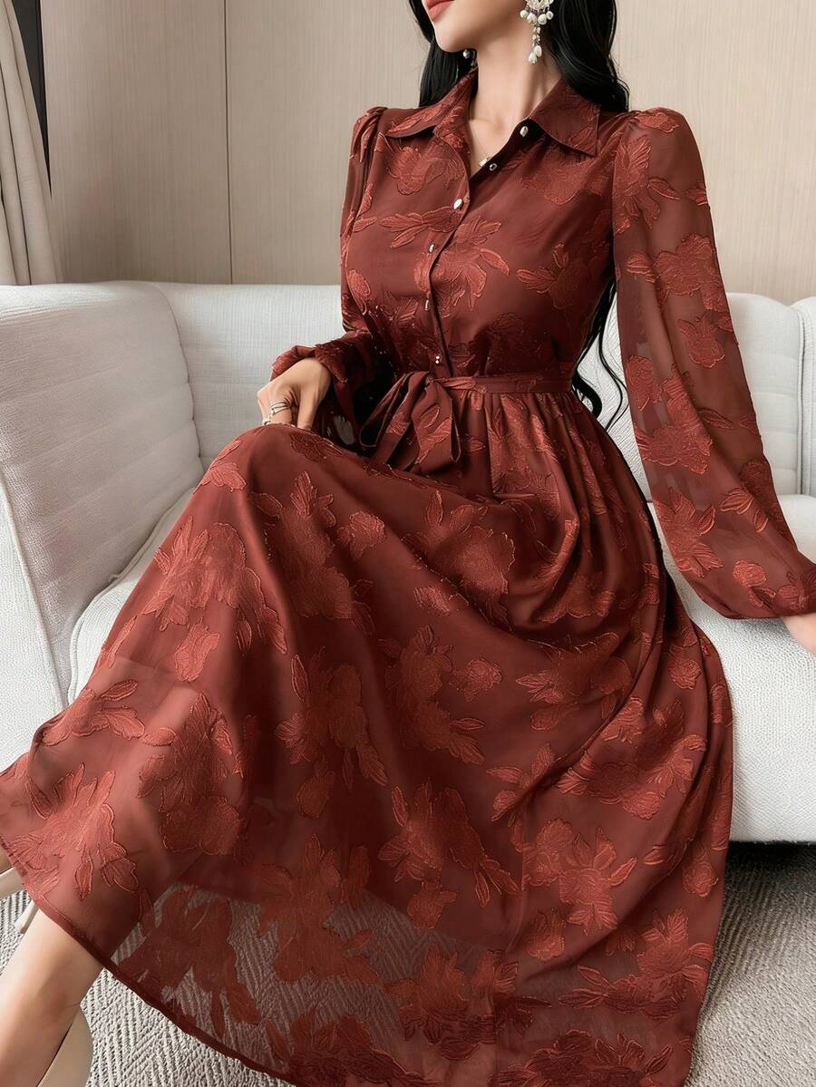 DAZY 女士优雅印花系带中长连衣裙，秋冬款 - 棕色 - 查看 1