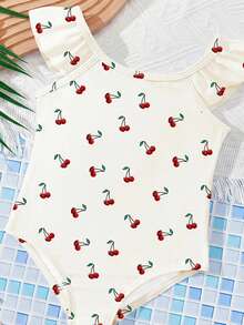 SHEIN Baby Girls Casual Minimalist Cream White Cute Cherry Pattern Fitted Camisole Cap Sleeve Romper Swimsuit, Suitable For Summer - Multicolor - View 3
