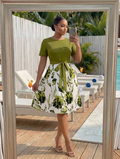 SHEIN Lady CURVE Vestido de fiesta elegante de talla grande para mujer con estampado floral, cuello redondo y cintura ceñida