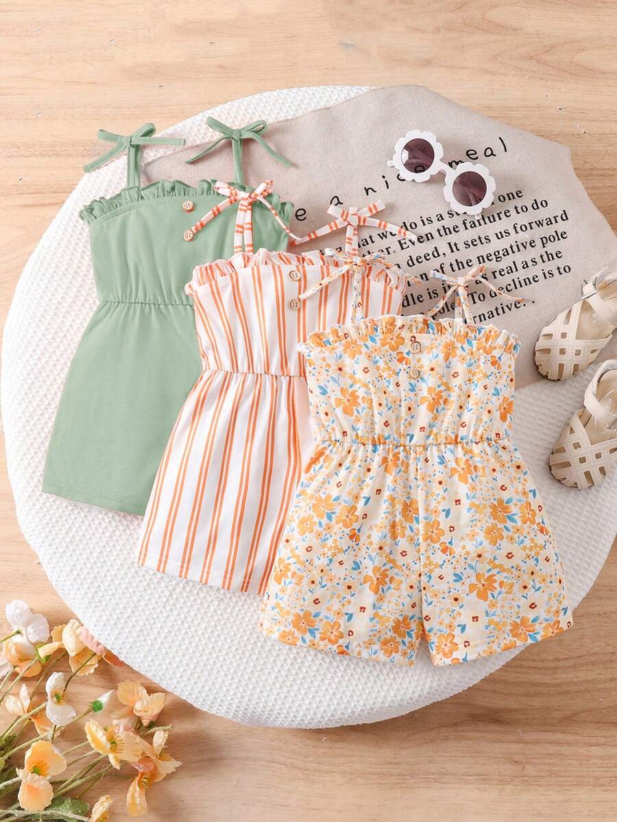 SHEIN Set de 3 piezas Mono de punto floral y a rayas lindo para bebé niña en verano - Multicolor - Ver 1