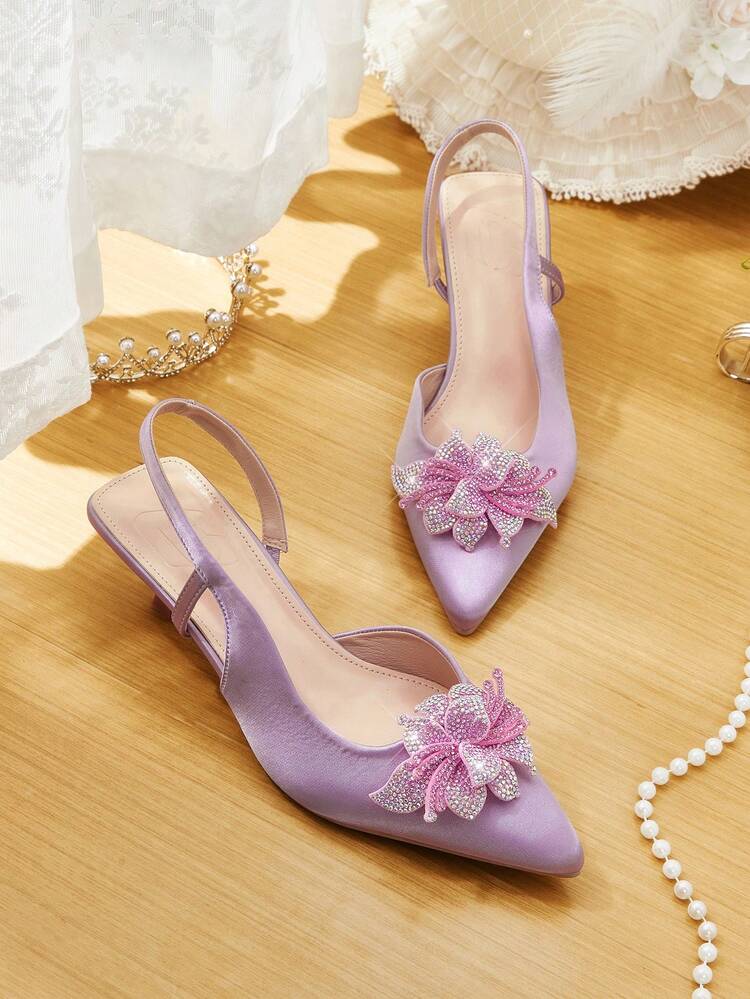 CUCCOO HITCHD Women's Pointed Toe Kitten Heel Rhinestone Floral Satin Comfortable Elegant Pumps, Suitable For Spring/Summer, Weddings, Parties, Formal Occasions