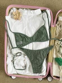 Swim Vcay Spring/Summer Knit Jacquard Wireless Camisole Top And Swim Shorts Women's Beach Vacation Bikini Set Set - Dark Green - View 2