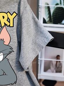TOM & JERRY X SHEIN 女士休闲卡通字母印花T恤，夏季 - 灰色 - 查看 4