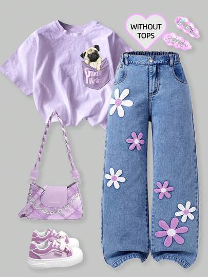 SHEIN Tween Girl New Fashion Distressed Snowflake Embroidered Wide-Leg Jeans Tween Aesthetic Heart Cardigan Daisy Jeans Y2k Teen Y2k Girl Y2k Aesthetic Jean For Girls Y2k For Girls Tween Y2k Tween Girl Y2k Full For 11 To 12 Year Old With Plant Pants With Butterflies And Flowers Aesthetic For Girls Fall Winter 90s Kids