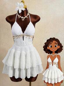 Zestiva Conjunto de traje de baño con diseño de volantes, cuello en V profundo y cordones, de tela con textura ondulada, adecuado para la playa, la isla, fiestas y vacaciones - Blanco - Ver 1