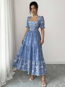 Elenzga Đầm nữ in họa tiết cổ vuông, eo thon, dáng chữ A, tay ngắn, thích hợp mặc đi làm hoặc đi chơi. - Rửa trung bình - Xem 6