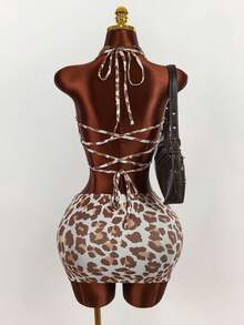 Amplova Women's Full Print Halter Tie Top And Mini Skirt 2 Pieces Set, Fashionable For Dates And Outings - Multicolor - View 3