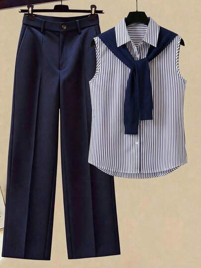 Editum 女士优雅条纹无袖纽扣衬衫，配有领子和披肩，搭配纯色直筒裤，适合通勤、旅行、约会、商务、办公等多种场合。女士休闲连体裤，水手服，海军蓝连体裤，女士连体裤，优雅连体裤。