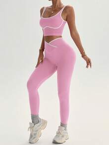 Dewbera 女士无缝撞色瑜伽运动服套装 - 粉色 - 查看 4