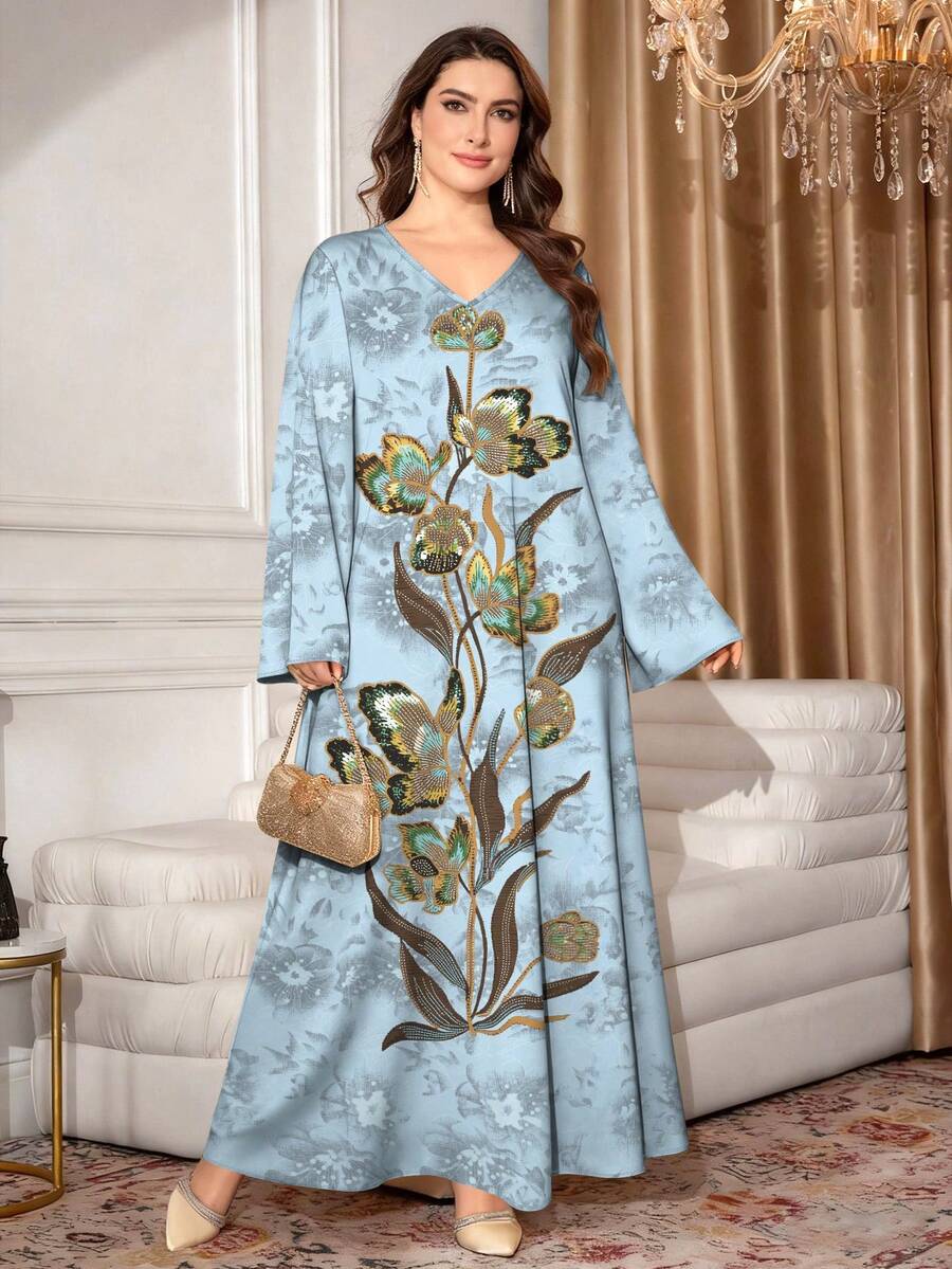 SHEIN Najma 亮面质感碎花浅蓝色大码女式连衣裙,V领长袖春夏时尚长款连衣裙,优雅碎花长裙 - 彩色 - 查看 1
