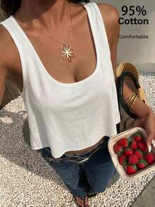 SHEIN EZwear 女士休闲宽松U领露脐背心，女士日常穿搭，女士夏季穿搭 - 白色 - 查看 8