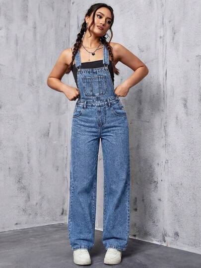 SHEIN ICON Women's Casual Versatile Pocketed Denim Jumpsuit