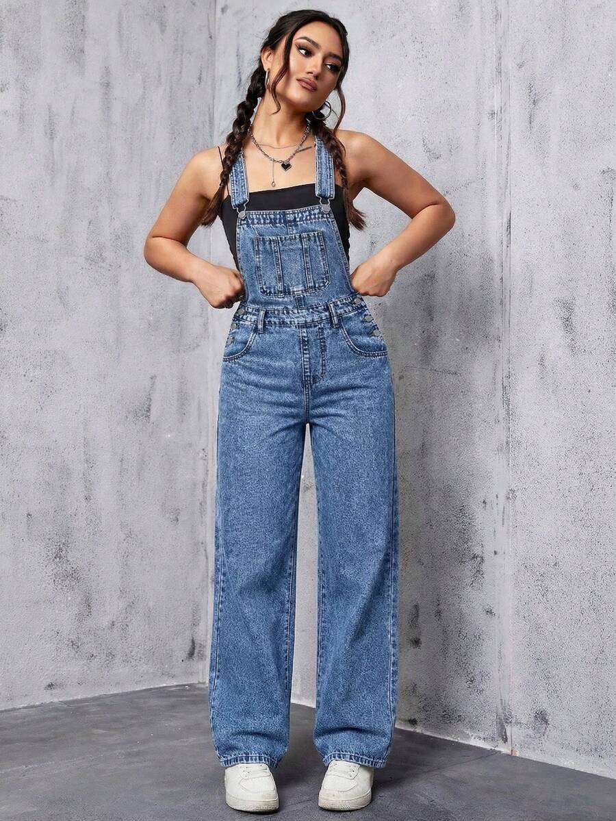 SHEIN ICON Bộ áo liền quần denim nữ kiểu dáng thường ngày, đa năng, có túi. - Rửa trung bình - Xem 1