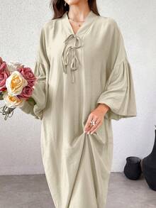 Yasmyna Women's Solid Color V-Neck Knotted Ruched Casual Party Travel Arabic Style Dress - Apricot - View 7