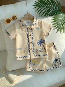 SHEIN Playful Pals 2件/套 嬰幼兒男童夏日度假趣味熱帶風短袖襯衫與短褲海灘套裝 6M-3T 波希米亞風服飾 - 米色 - 查看 5