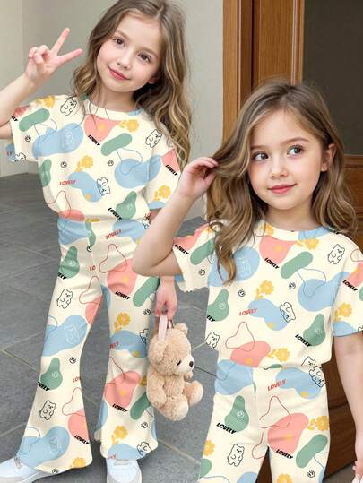 SHEIN 2pcs/Set Baby Girl Casual Cute Bear & Floral Geometric Print Short Sleeve Round Neck T-Shirt And Flare Pants Outfit, Suitable For Spring/Summer,