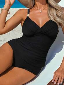 Swim Lushoire 2pcs/Set Mature Fabric Criss-Cross Pleated One-Piece Swimwear Top And High-Waisted Bikini Bottom - Black - View 3