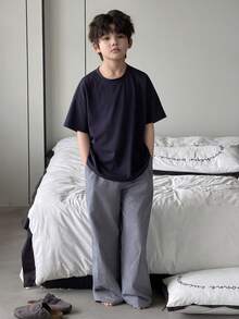 Dazy Kids 2件套幼儿男童圆领针织短袖T恤+格子裤休闲套装，春夏款 - 藏蓝色 - 查看 8