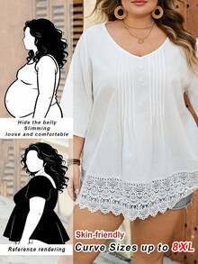 SHEIN CURVE+ Curve 尺码 US22 音乐节、海滨度假、波西米亚风女士夏季休闲/度假/工作 V 领撞色蕾丝褶皱下摆衬衫 - 白色 - 查看 2