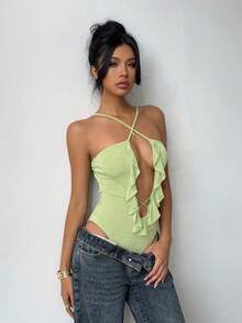 Aloruh Women's Spring/Summer Vacation Solid Green Romper With Ruffled Hem, Criss-Cross Spaghetti Straps, Backless Sexy Bodysuit - Green - View 7