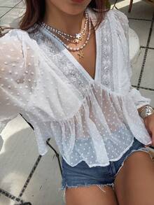 Livesso Women's V-Neck Textured Fabric Elegant Semi-Sheer Blouse - White - View 6