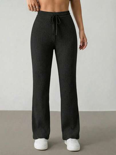 OYGA Women's Solid Fake Drawstring Rib-Knit Corduroy Casual Sleep Bottom