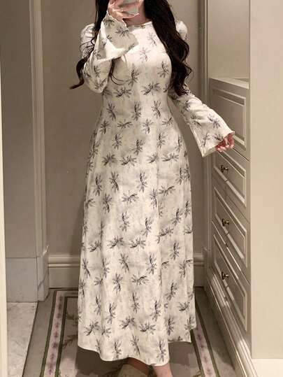 DAZY Women's Long Chinese Style Floral Print Fitted Nightgown, Autumn/Winter