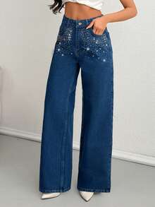 SHEIN Jeans de pierna ancha con lavado y bordado de strass de tiro alto para mujer - Azul - Ver 4