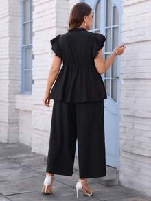 EMERY ROSE Plus Size Women V-Neck Solid Color Top And Wide Leg Pants Casual Elegant 2 Pieces Set Brunch Black Summer - Black - View 4